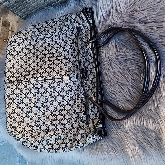 Anya Hindmarch logo blue and gray canvas tote leather handles leather